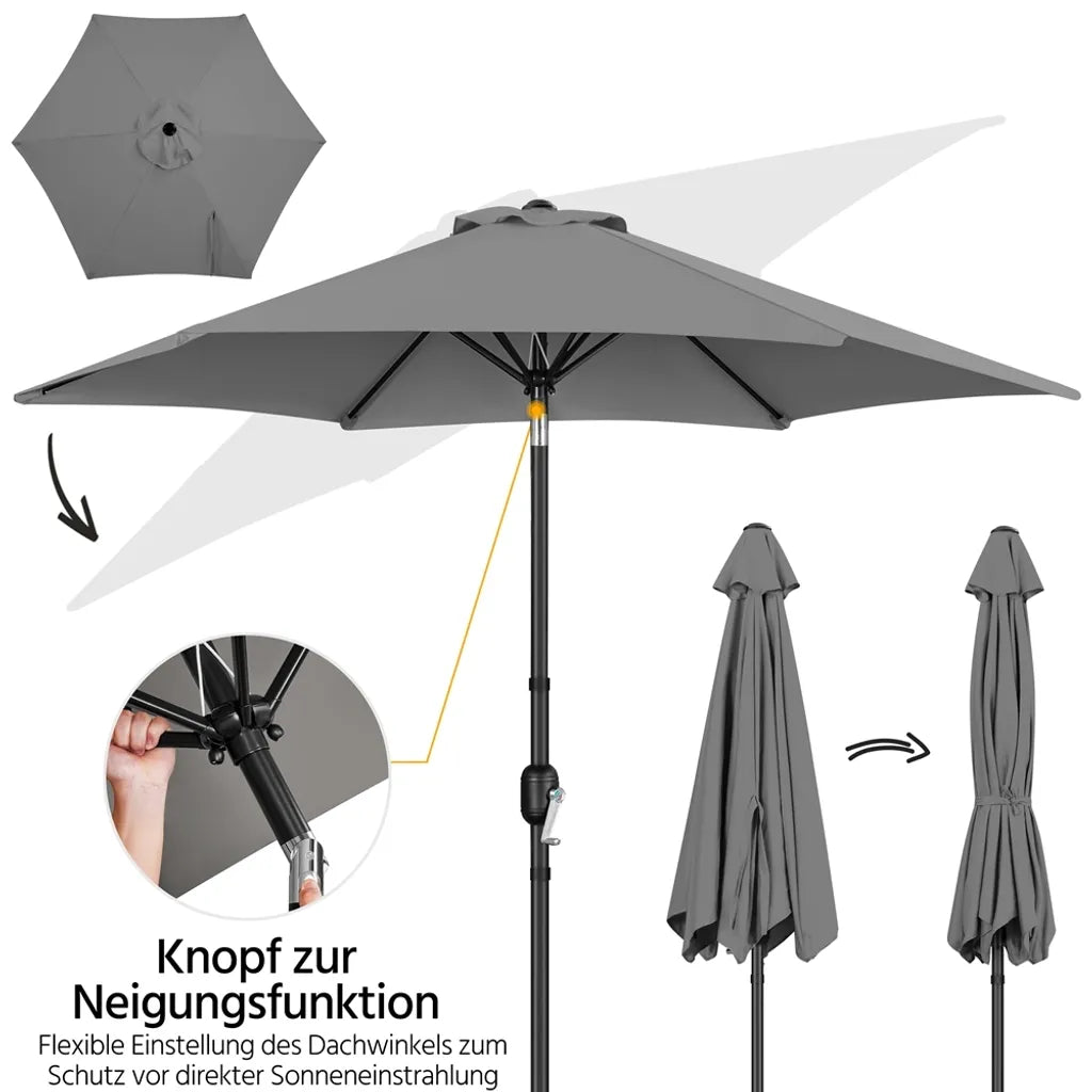 Parasol de jardin Yaheetech avec fonction d'inclinaison et contrepoids - Gris - Ø 269 x 241 cm