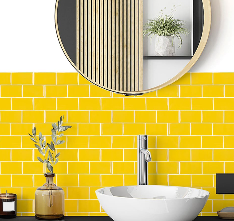 WALPLUS Pure Yellow Glossy Subway Peel & Stick Backsplash 3D Tile Stickers 20 pieces - 30.5 x 15.4 cm - Jaune