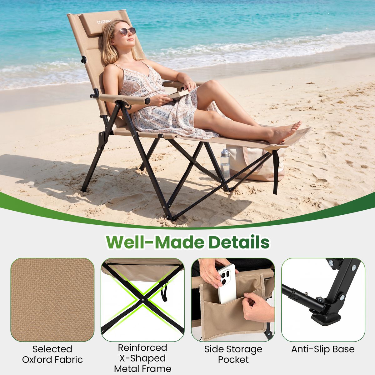 Chaise de camping pliable Coast avec repose-pieds - dossier réglable sur 4 positions - poche latérale et coussin - kaki