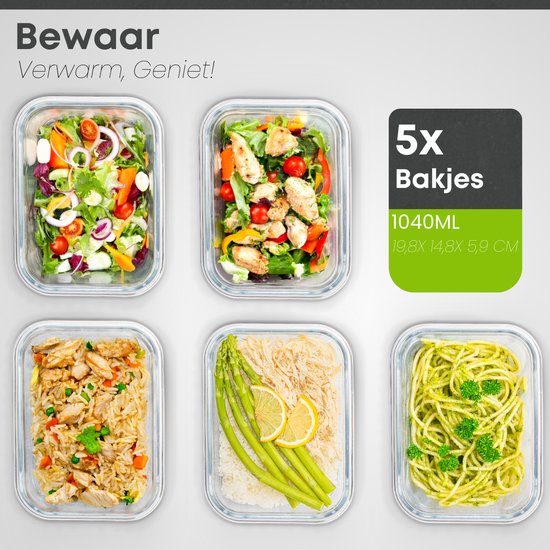 Savoré Kitchen Preserving Trays Set - with Steam Lid - Meal Prep Trays - Freezer Trays Glass - Airtight - 5 Pieces - 1040 ML