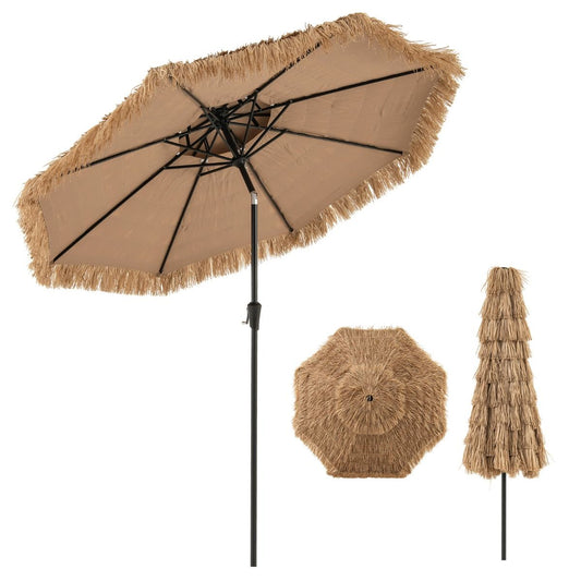 Coast Hawaiian Wicker Tiki Parasol 267x247 cm - Parasol de terrasse naturel avec manivelle, mécanisme d'inclinaison et 8 baleines robustes