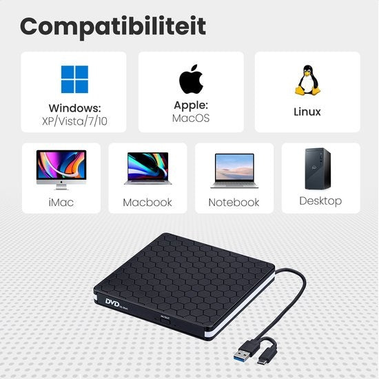 Auronic Lecteur DVD externe - Pour ordinateur portable et graveur - USB 3.0 ou USB C - Windows, MacOS & Linux - Livré avec housse et câble