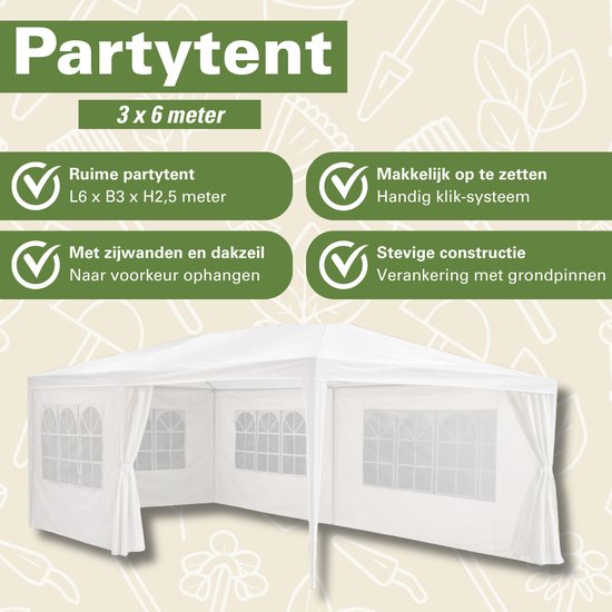 Tente de réception Kinzo 3 x 6 m - Tente-pavillon pour 70 personnes - Pavillon de jardin avec 6 parois latérales - Tente de jardin avec une hauteur au faîte de 2,5 m - Tente de réception imperméable et résistante aux UV - Blanche