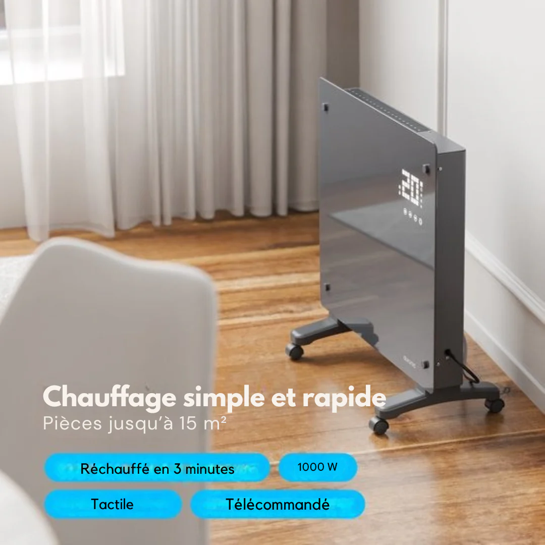 Radiateur électrique Auronic - Radiateur à convection avec thermostat et télécommande - Radiateur à panneau en verre - Radiateur 1000 W - Gris