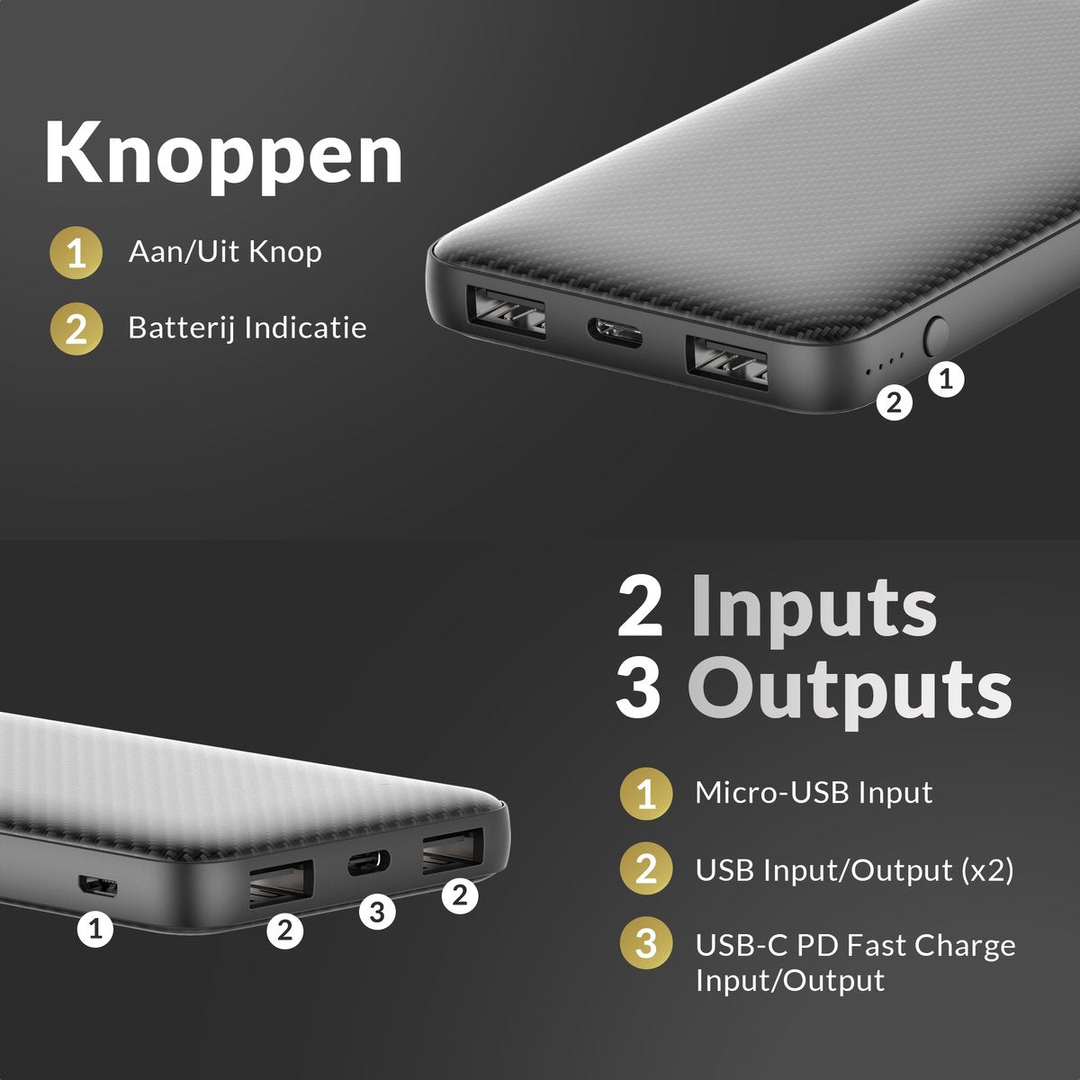 Surge Powerbank 10 000mAh - Chargeur rapide pour charger 3 appareils simultanément - Convient à iPhone et Samsung - Avec connecteur USB-C