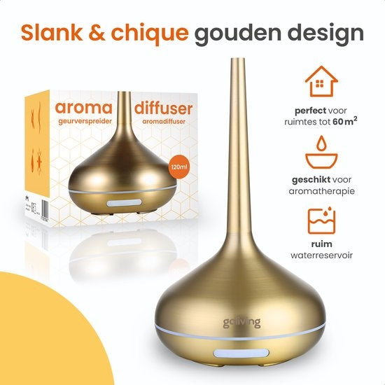 Goliving Diffuseur d'arômes - Humidificateur - Aromathérapie - 2 huiles essentielles incluses - 10 couleurs LED - Diffuseur de parfum - Or