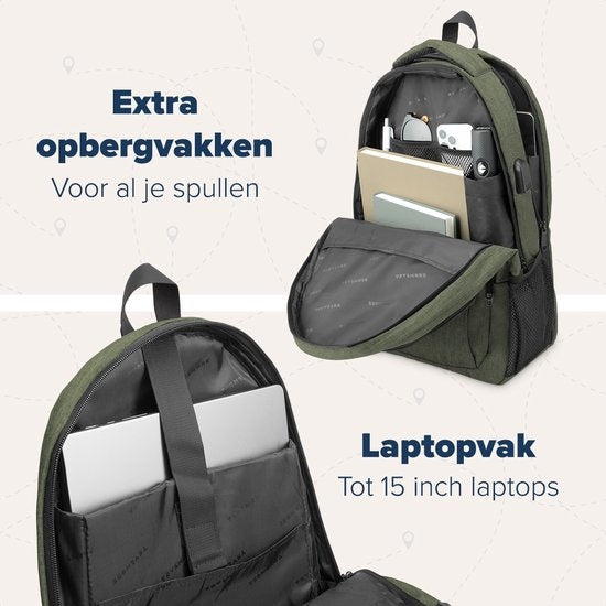 TRVLMORE Sac à dos - 28L - 15.6 inch - Sac à dos pour ordinateur portable - Sac d'école - Unisexe - Vert résistant aux éclaboussures