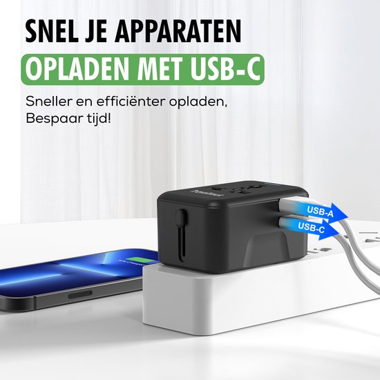 TravelHawk Universal World Plug avec USB-C et port USB - Prise de voyage - Prise de voyage internationale pour 150+ pays - Amérique (USA) - Angleterre (UK) - Australie - Asie - Amérique du Sud - Afrique - Prises mondiales - Noir
