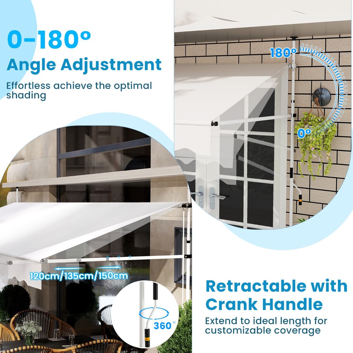 Coast 400x120/135/150x210-300 cm Blanc Store de balcon sans perçage avec sonnette - Pare-soleil à pinces réglable en hauteur