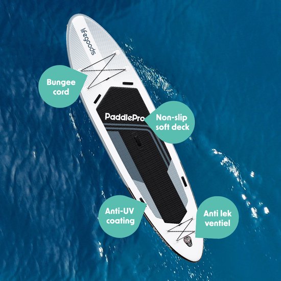 LifeGoods SUP Board Tandem - 2 personnes - capacité de charge 220 KG - 381 x 86 cm - gonflable - paquet Sup complet - blanc/noir