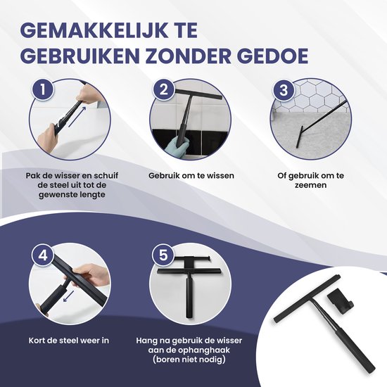 TTD® Essuyeur de douche 2-en-1 avec long manche extensible - 97 cm - Lame d'essuyage en silicone - Ergonomique - Avec chiffon en microfibre et crochet de suspension - Essuyeur de douche - Essuyeur de sol de salle de bains - Raclette de sol - Noir