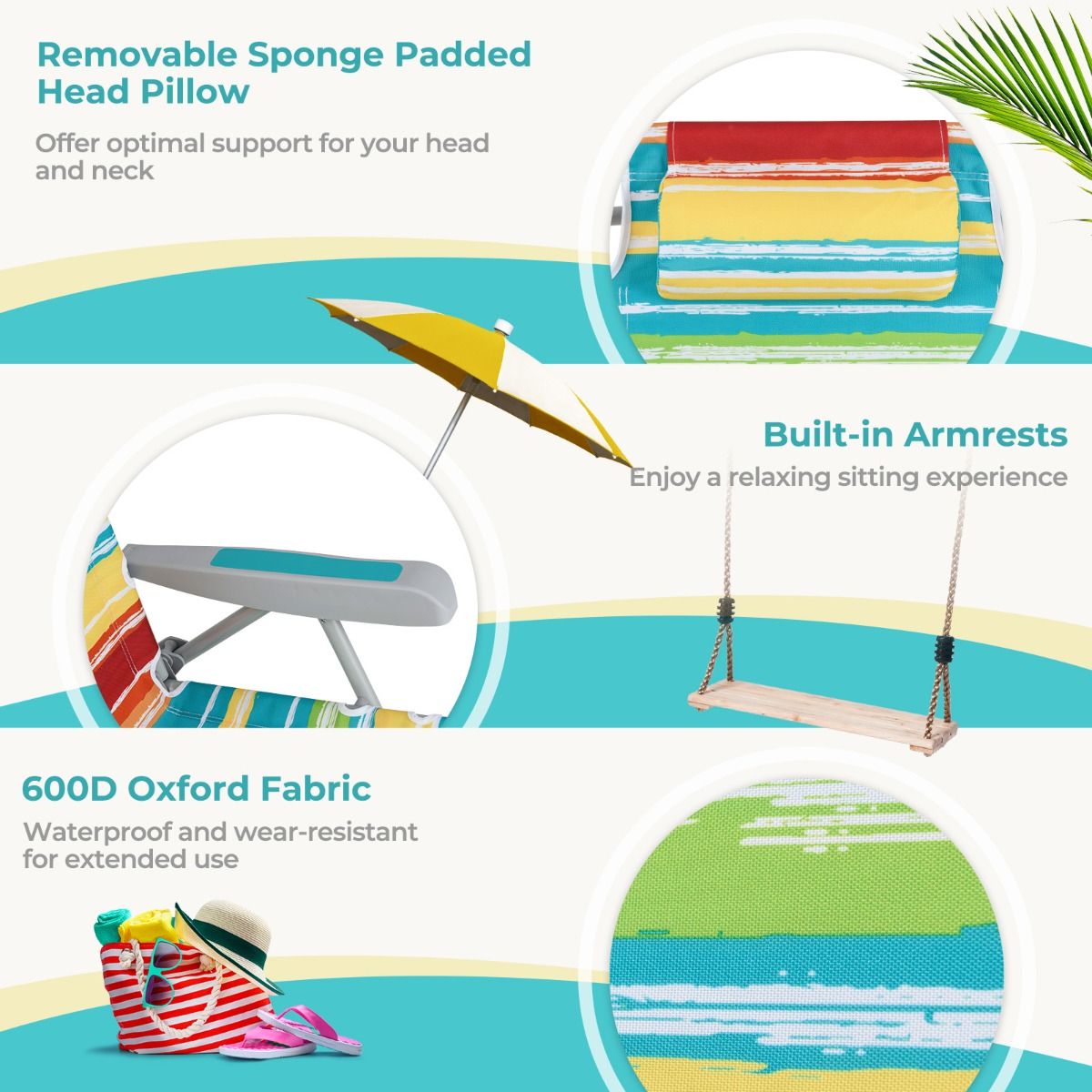 Chaise de plage Coast à dossier réglable - Pliable, avec porte-gobelet et poches de rangement - multicolore