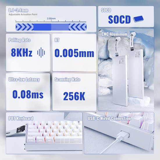 ATTACK SHARK X68MAX HE - Clavier gaming filaire à commutateurs magnétiques - Aluminium CNC - 68 touches - RGB - Touches en PBT imprimées sur le côté - Cordon décoratif - 8 kHz - Temps de réponse de 0,005 mm - Temps de réponse de 0,08 ms - Contour blanc