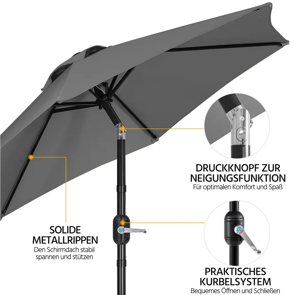 Parasol Yaheetech Ø 226 cm – Gris – 226 x 226 x 240 cm – Avec système de balancement et fonction d'inclinaison