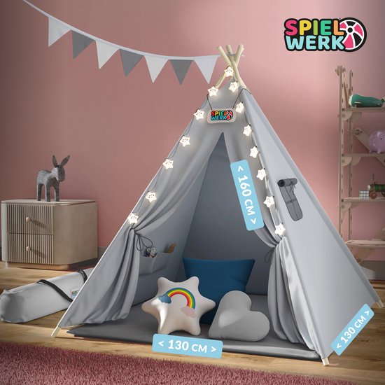 Spielwerk Tente de jeu - LED 3 coussins tendeurs 130x130x160cm - Gris