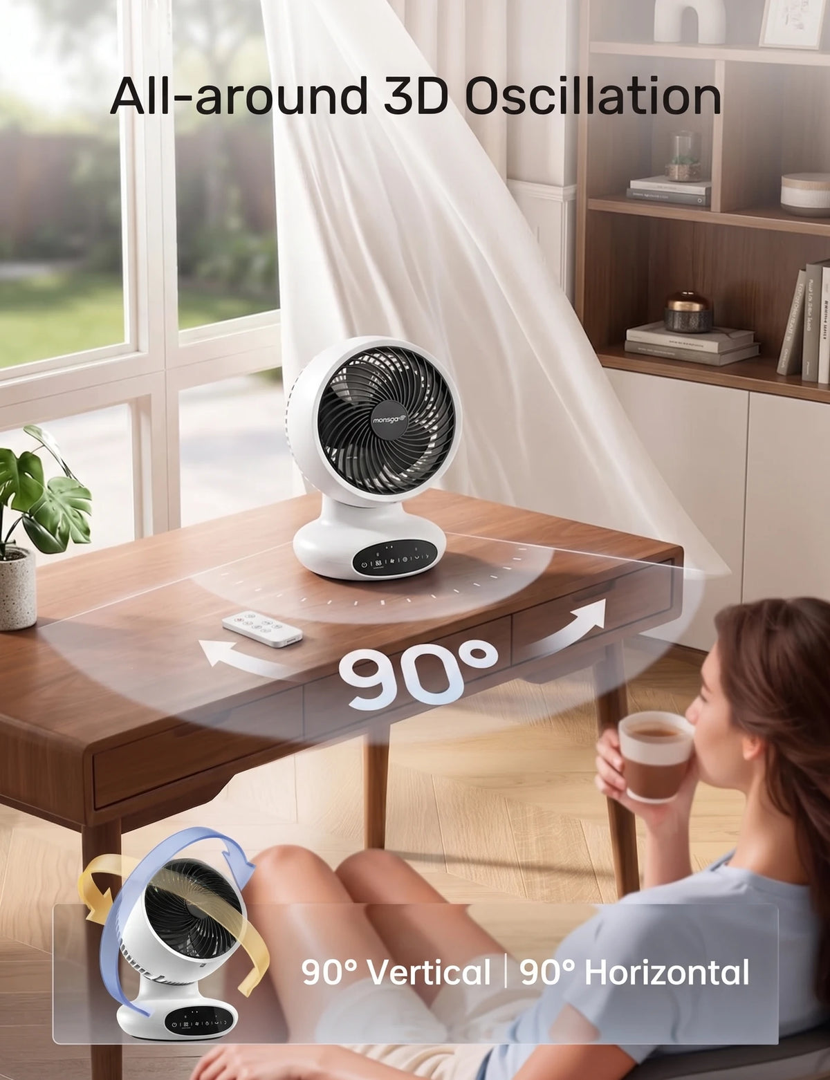 Ventilateur à circulation d'air MONSGA AC100 - Ultra silencieux 25 dB - 5 vitesses - Minuterie et mode veille