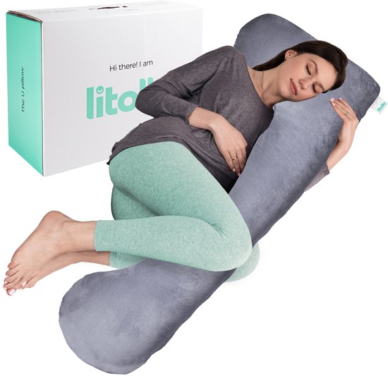 Oreiller de grossesse Litollo® XL - Oreiller d'allaitement - Oreiller de corps - Body pillow - 140 cm - Housse amovible - Gris - Polaire