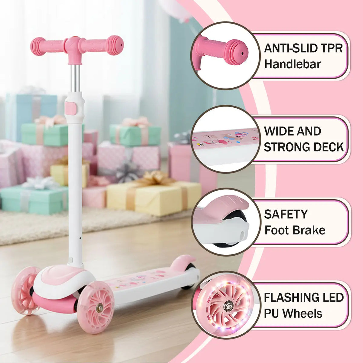 Trottinette Neuleb avec roues lumineuses - Plateforme extra-large - Rose