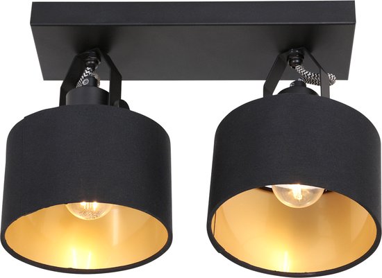 Spot à 2 lumières Ornoir 3334ZW noir avec abat-jours dorés, orientable et inclinable, métal et textile, style moderne, Mexlite, intérieur