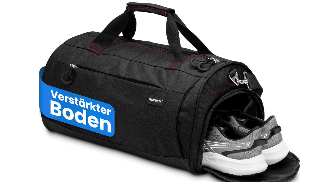 HELDENWERK Sac de sport 50L - Avec pochette pour chaussures et pochette étanche pour liquides - Grand sac de sport et de voyage - Unisexe - Extra robuste - Noir avec zips rouges