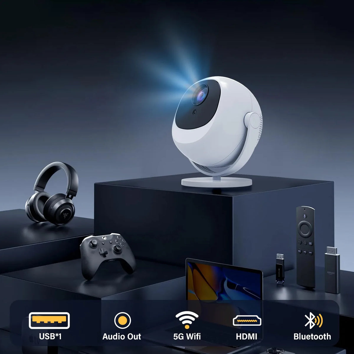 Projecteur XBJ 360° - Full HD 1080p - Compatible 4K - 900 lumens ANSI - Image de 200 pouces - Wi-Fi et Bluetooth