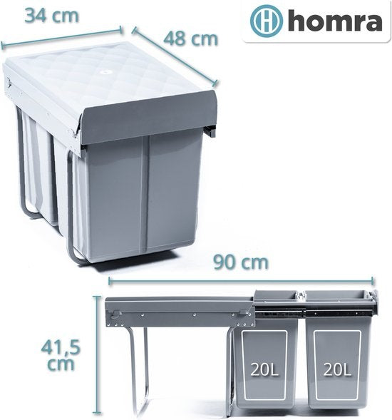 Poubelle de tri - Homra - 2x20L - Encastrable - 2 compartiments amovibles - Poubelle de cuisine - Gris