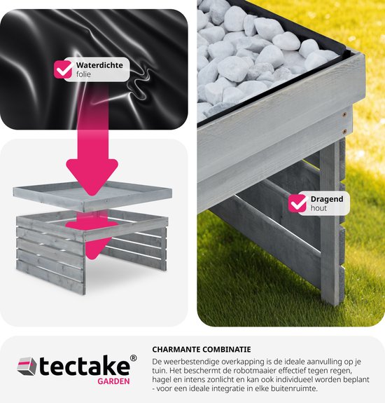 tectake® Garage pour tondeuse robotisée - Boîtier en bois avec toit vert, jardinière, bac à fleurs - Rangement de jardin pour tondeuse - Résistant aux intempéries et aux UV - 84 x 78 x 46 cm