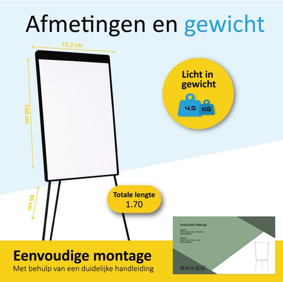 BRASQ Flipchart - 70x100 cm - Tableau blanc ajustable - Comprend 25 feuilles de papier, 4 marqueurs, 8 aimants, une gomme - Tableau magnétique avec crochets - Tableau magnétique - Noir