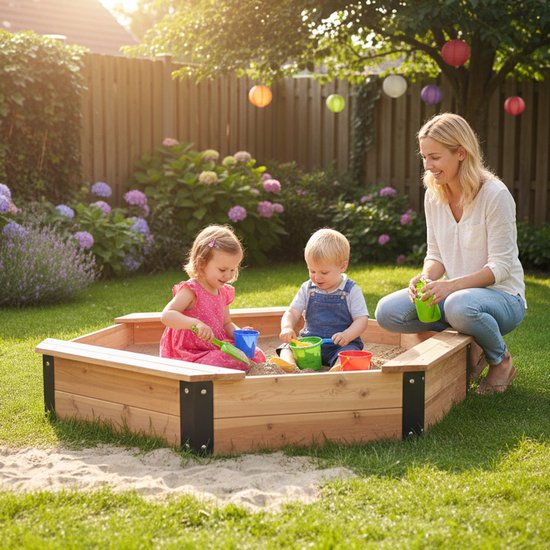 Bac à sable AXI Onno XL 150 x 150 x 23 cm, couleur marron/anthracite – Avec bancs – Avec housse – Bois de cèdre 100 % certifié FSC – Grand bac à sable pour enfants