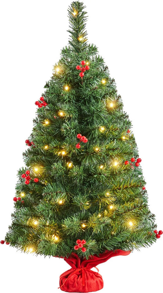 Yaheetech Sapin de Noël de table avec lumières - 48 x 48 x 90 cm - équipé de 50 lumières LED et de 60 baies rouges et d'une base en béton avec tissu rouge - pour le buffet et le bureau - PVC vert et béton
