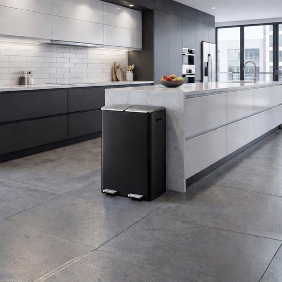 Bayt Poubelle - Poubelle 60 litres (2x30) - Poubelle 60 litres - Poubelle à pédale 60 litres - Poubelle Séparation des déchets - Poubelle 2 compartiments - Poubelle - inox - Noir/Argent