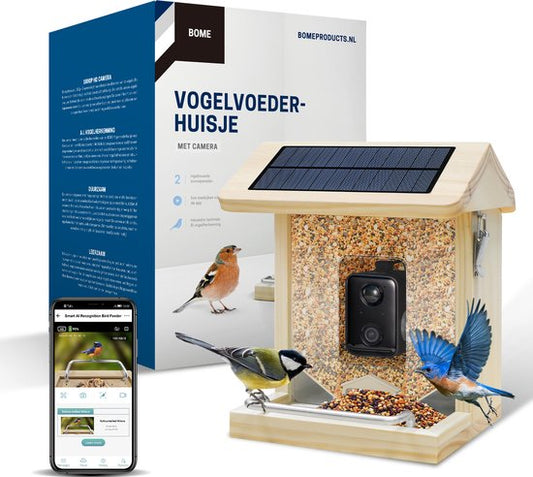 BOME - Mangeoire à oiseaux - Caméra et audio - Reconnaissance des oiseaux - Bois - Double panneau solaire - Suspension