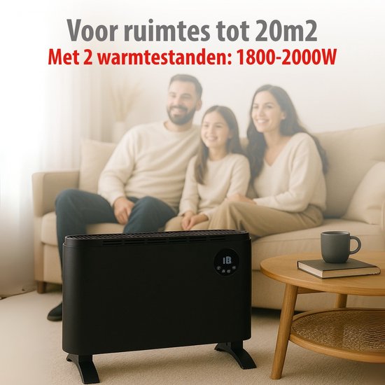 Radiateur électrique Alpina 2000 W - Radiateur électrique à convection - Radiateur avec thermostat réglable et 3 niveaux de chaleur - À poser ou à fixer au mur - Noir