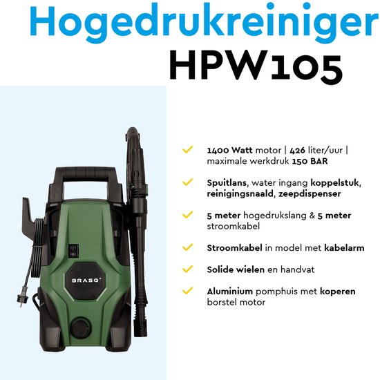 BRASQ HPW 105 - Nettoyeur de terrasse - Nettoyeur haute pression - 1400W - 105 bar - 426 L/H - Kit complet