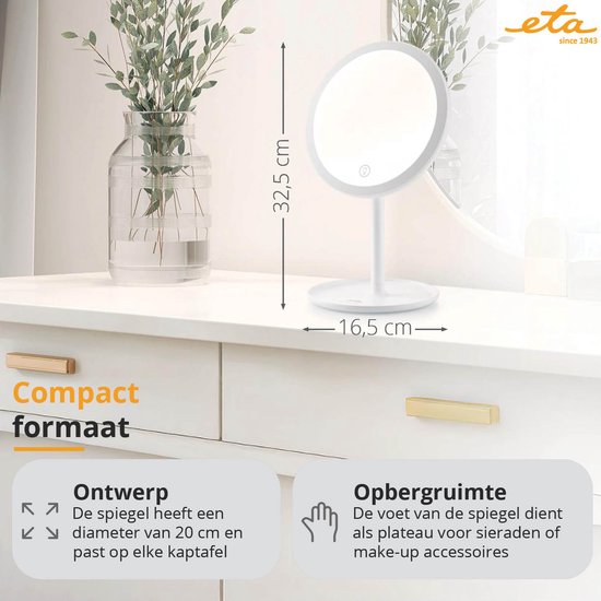 ETA Fenité Miroir de maquillage avec éclairage - grossit 5 fois par magnétisme - inclinable et rechargeable via USB-C - couleur de la lumière réglable - Ø20 cm - blanc