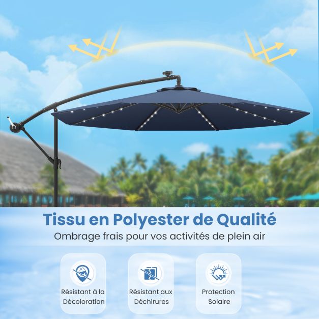 Ensemble de jardin 5 pièces avec parasol suspendu de 3 m et éclairage LED - Bleu/Gris