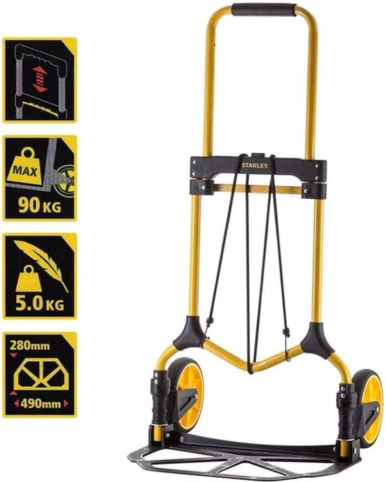 Stanley Foldable Hand Trolley SXWTD-FT580 - Max. 70KG - 41 x 40 x 102 CM - Aluminium - Cordon élastique inclus - Noir/Jaune