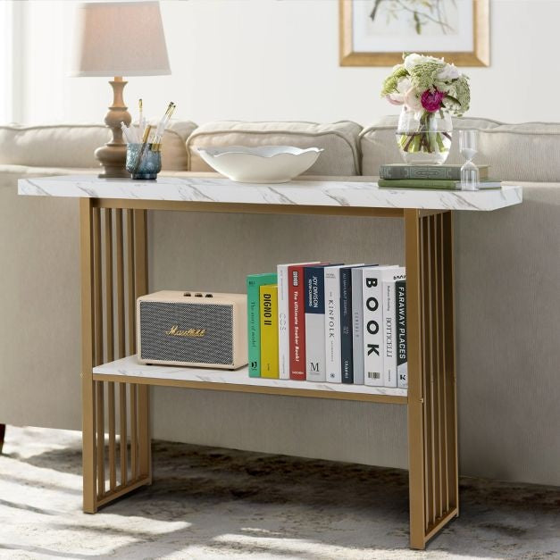 Coast - Table console / Table d'appoint - aspect marbre et design moderne - L 120 x l 29,5 x H 92,5 cm - Métal/MDF - Or/Blanc