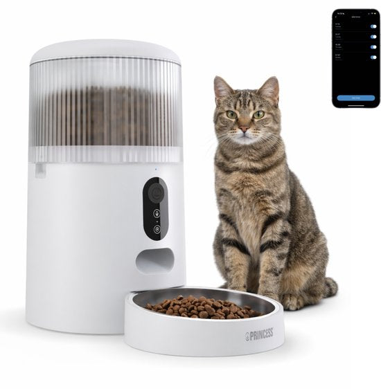 Mangeoire automatique Princess - Smart 4 litres - Chat et chien - Commande via application - Croquettes - Bol en acier inoxydable – Sans BPA – Batterie de secours - Distributeur automatique de nourriture - Distributeur de croquettes - 610040