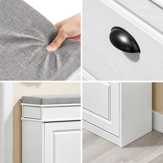 SoBuy FSR82-L-WG Meuble à chaussures banc d'entrée - banc à chaussures avec siège de toilette et coussin de rangement pour chaussures pour hall d'entrée, salon 75 x 24 x 51 cm, capacité 180 kg, blanc effet bois antique