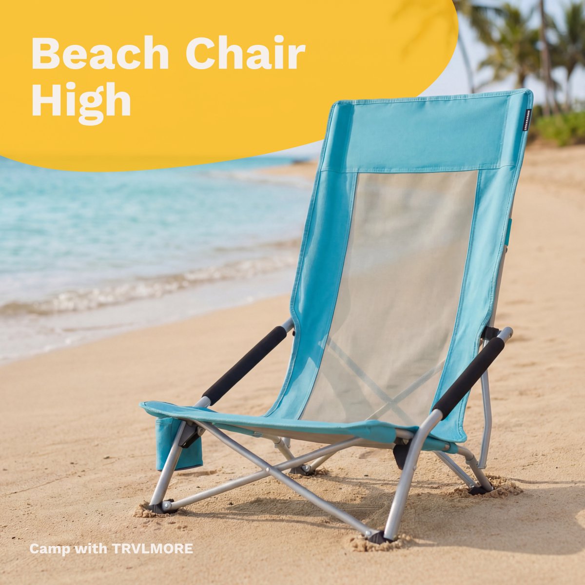 TRVLMORE Chaise de plage - pliable - capacité de charge de 130 kg - avec porte-gobelet et sac de transport - dossier haut - bleu