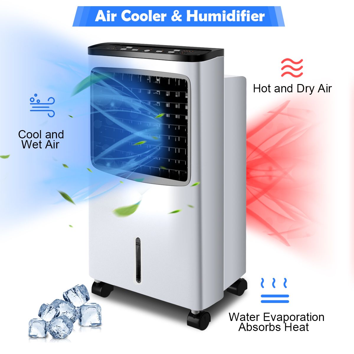 Climatiseur portable Coast - Climatiseur par évaporation 4-en-1 - Réservoir d'eau de 8 litres - Oscillation à 70° - Noir/blanc
