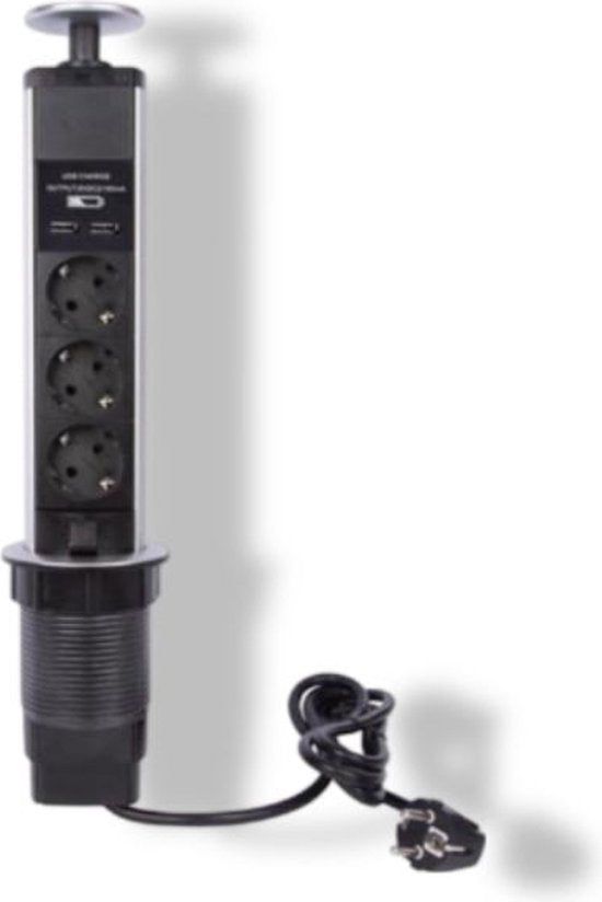 Perel Pop-up socket, 3 prises avec terre de protection (type F), 2 ports USB, trou de montage 71 mm, utilisation intérieure, noir/gris