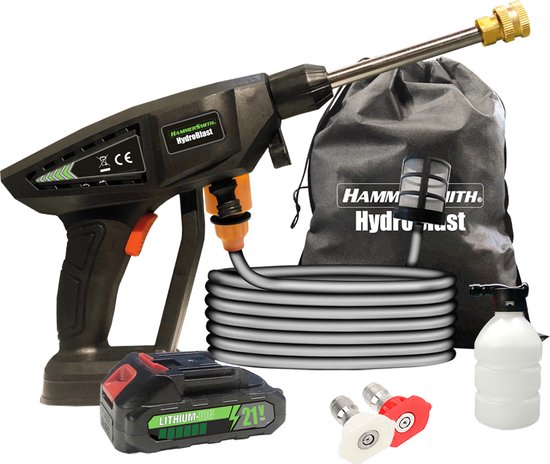 Pistolet de lavage auto Hammersmith HydroBlast 2-en-1 - Nettoyeur haute pression sans fil avec batterie rechargeable pour le nettoyage du jardin, des véhicules et des surfaces extérieures - Nettoyeur puissant