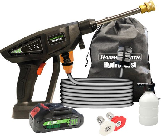 Pistolet de lavage auto Hammersmith HydroBlast 2-en-1 - Nettoyeur haute pression sans fil avec batterie rechargeable pour le nettoyage du jardin, des véhicules et des surfaces extérieures - Nettoyeur puissant