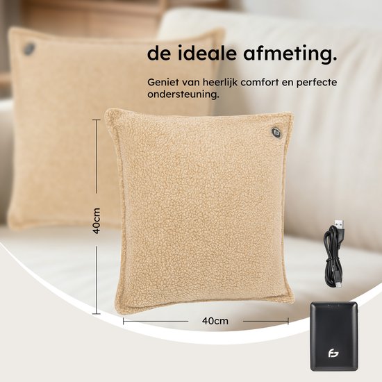 Coussin chauffant - 3 niveaux de chaleur - Coussin chauffant rechargeable - 10k mAh - Sans fil - Coussin chauffant - 40x40 cm - Teddy Beige - Saaf Comfort