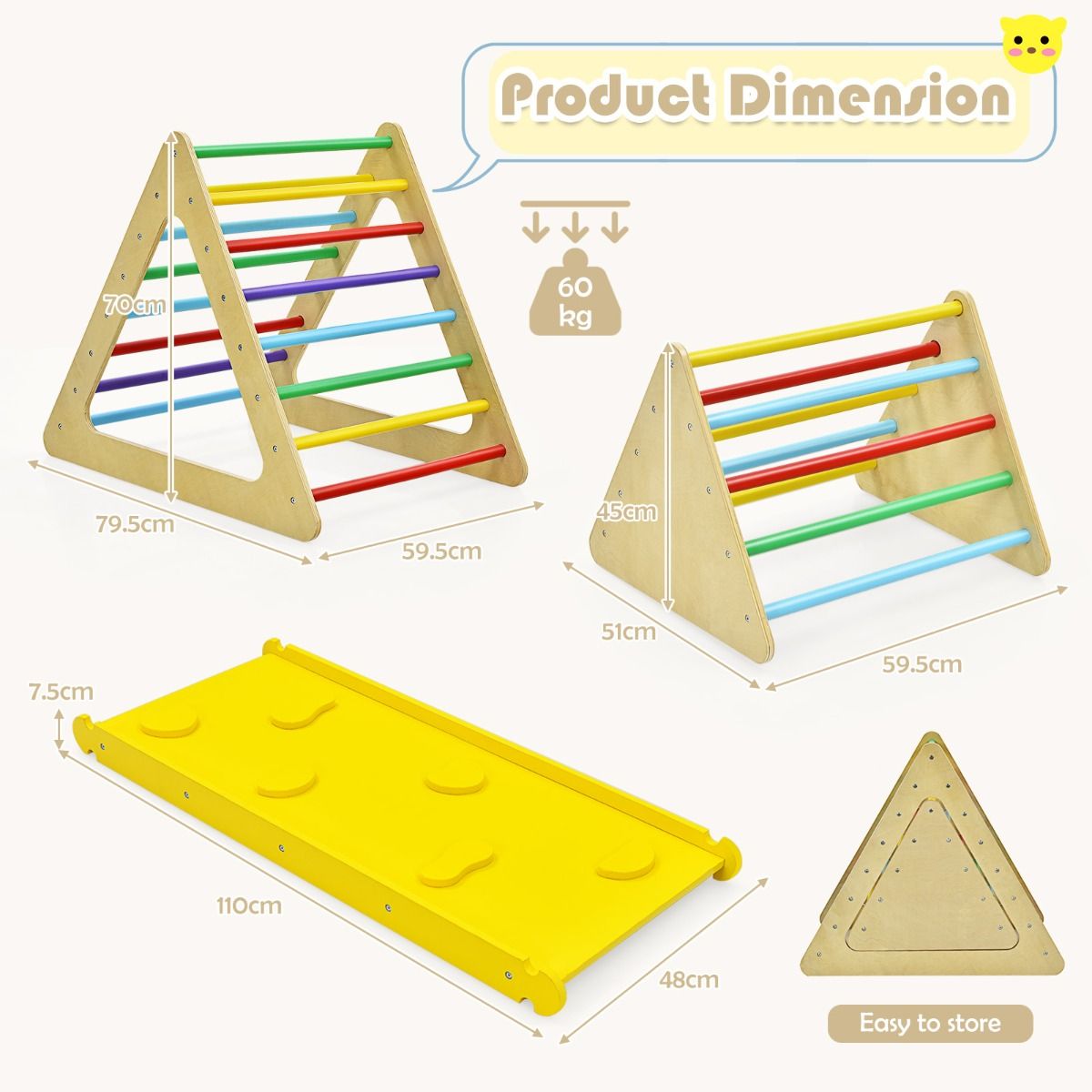 Coast 3-in-1 jouets d'escalade pour enfants - coloré - Grande échelle triangulaire 79.5x59.5x70 cm, Petite échelle triangulaire 59.5x51x45 cm, Rampe d'escalade 110x48x7.5 cm