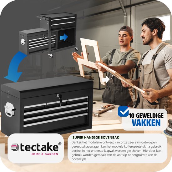 tectake® Chariot d'atelier avec support de valise - Chariot à outils verrouillable avec 10 compartiments - Établi mobile en acier - Roues avec frein - Chariot à outils vide, armoire à outils - Noir