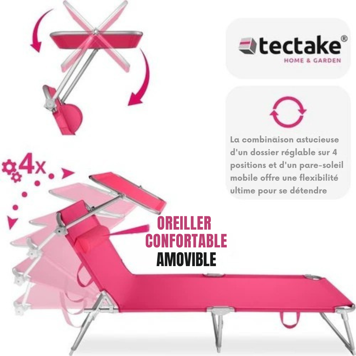 Chaise longue - Tectake® -  Réglable -  structure en acier avec parasol - dossier à 4 positions avec coussin - chaise de plage, jardin, piscine, camping - Rose - 68 x 190 x 28 cm