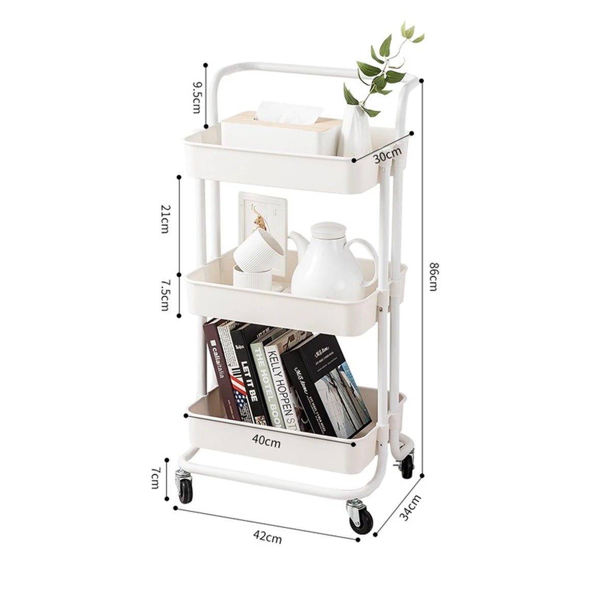 Chariot de rangement Maxcook MCWA982 - Blanc - 3 étages - Acier thermolaqué - Roulettes pivotantes à 360° silencieuses